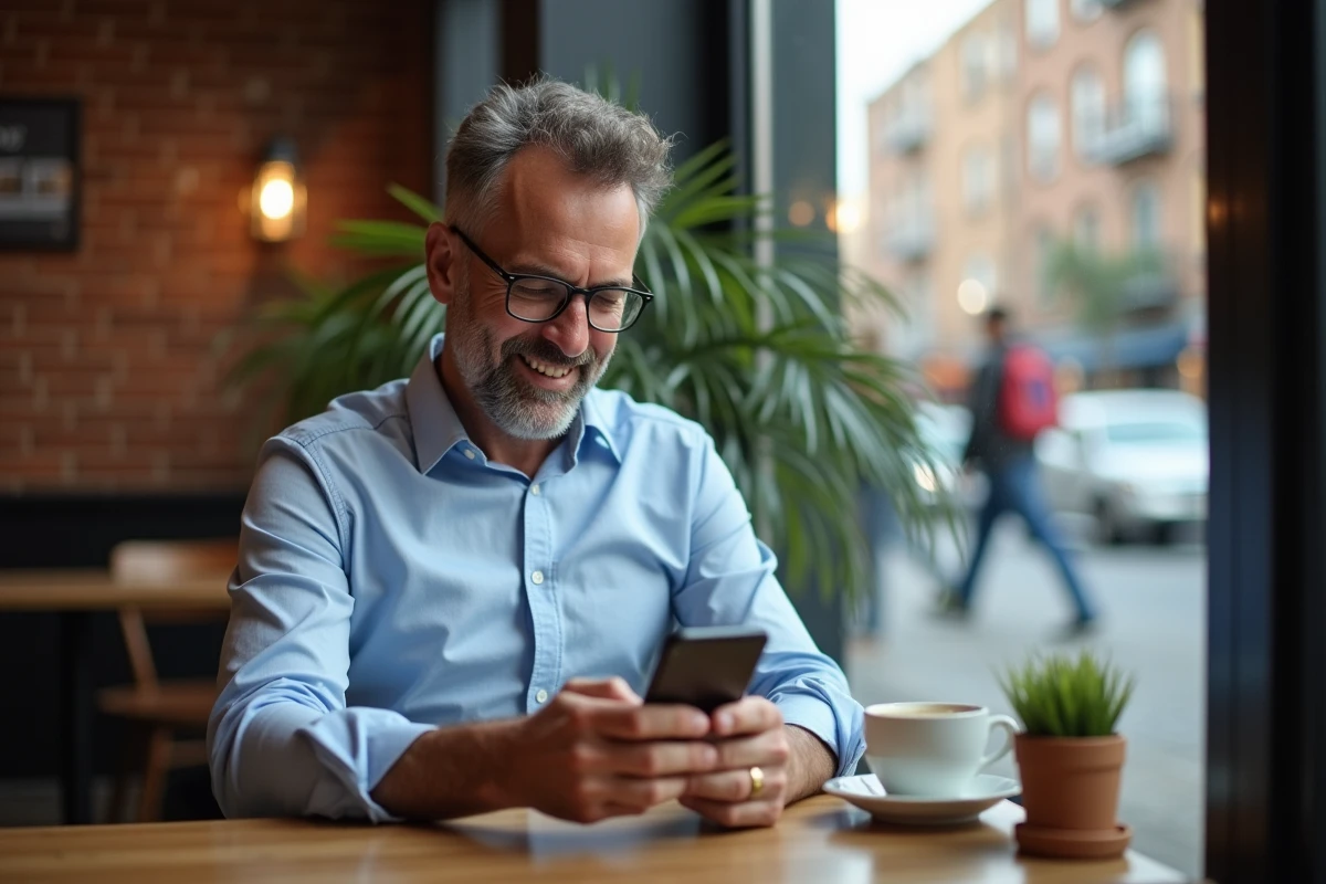 Homme vérifiant alertes immobilières au café