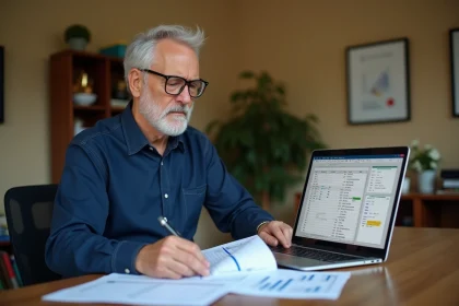 Un homme de 55 ans consulte un simulateur viager sur Excel à son bureau à domicile avec des feuilles de calcul imprimées