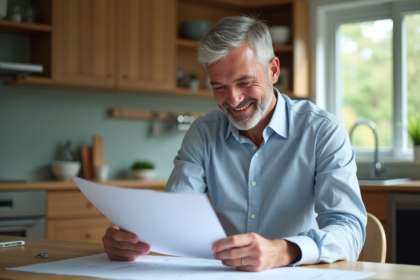 Homme d'âge moyen souriant vérifiant documents fiscaux immobiliers