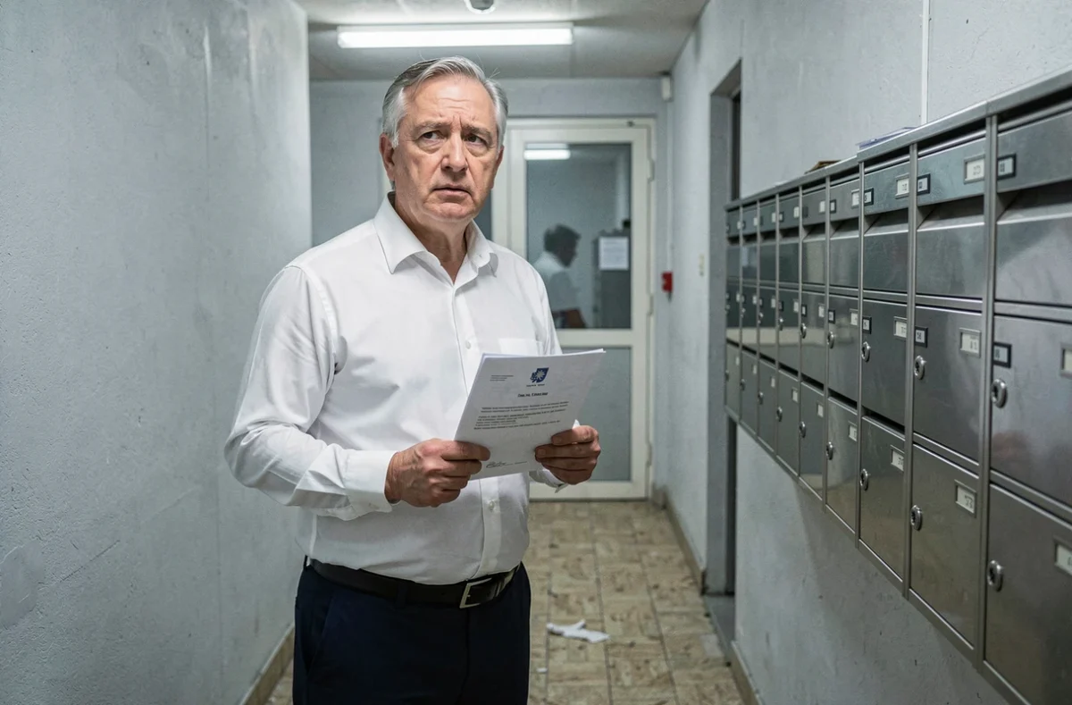 Homme tenant un courrier officiel de surloyer dans le couloir d'un immeuble HLM en France