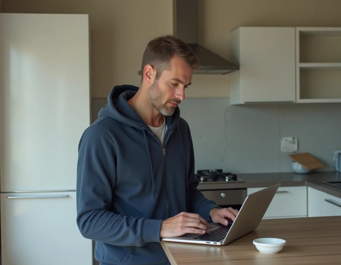 Homme debout dans une cuisine partiellement déballée utilisant un ordinateur portable pour souscrire un contrat EDF avant l'emménagement