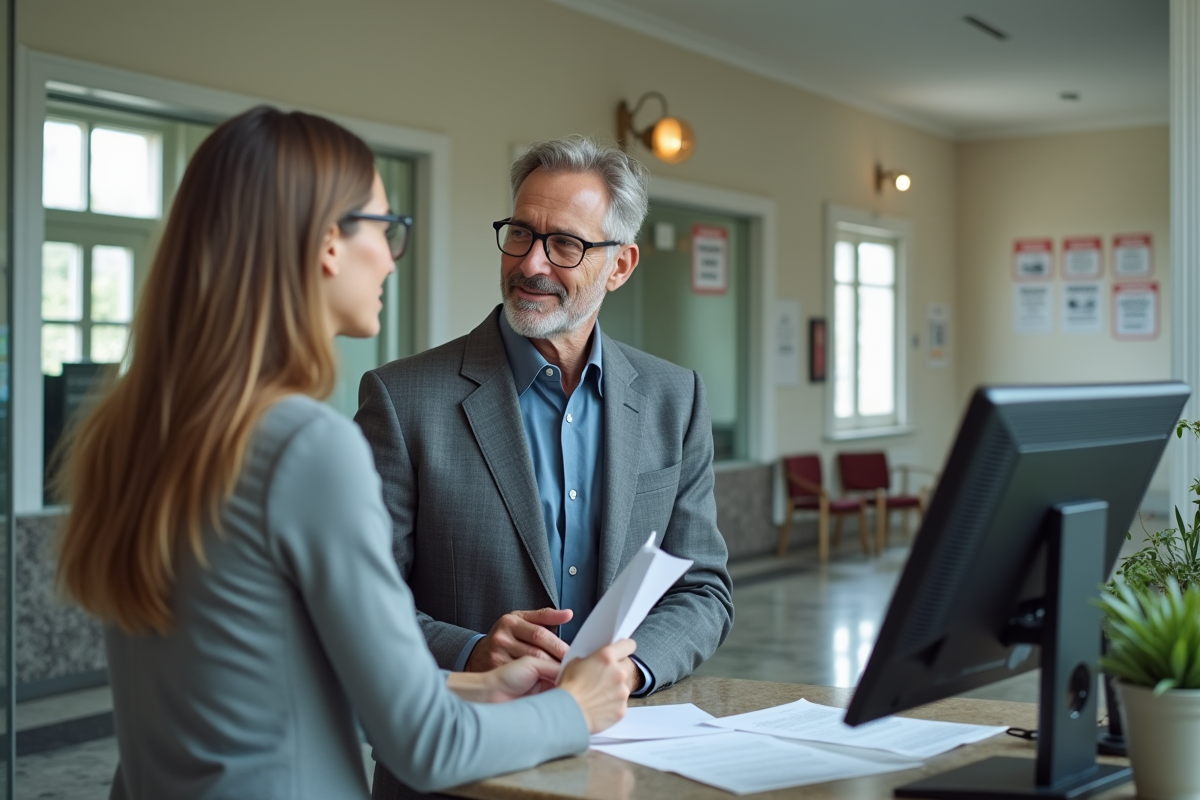 Homme en costume discutant avec une employeuse à la mairie
