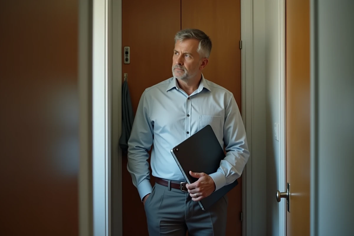 Homme réfléchi dans un petit logement en entrant