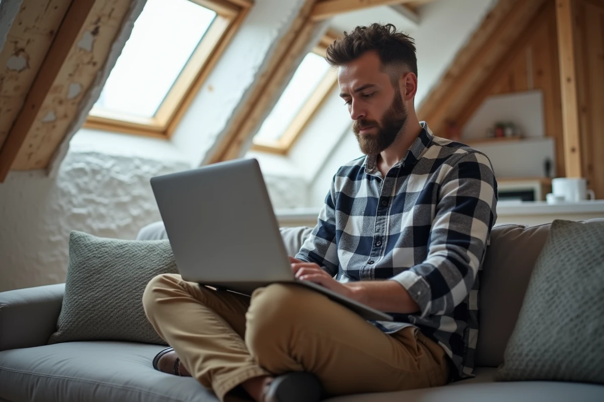 Homme analysant ses dépenses dans un loft rénové