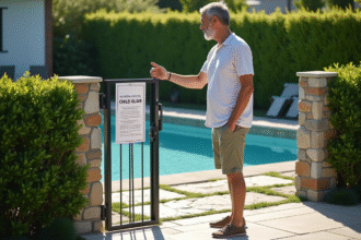 Homme d'âge moyen pointant une affiche sur une clôture de piscine