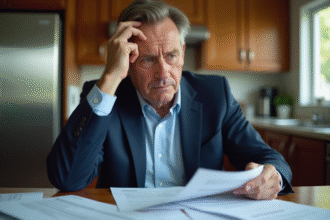 Homme d'âge moyen inquiet avec factures dans une cuisine