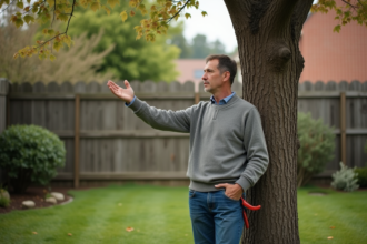 Homme d'âge moyen dans son jardin avec arbre