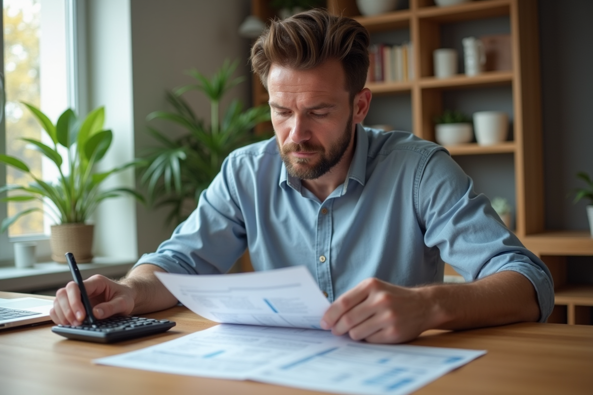Homme d'âge moyen étudiant des documents de prêt immobilier