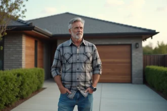 Homme d'âge moyen devant une maison moderne en jeans