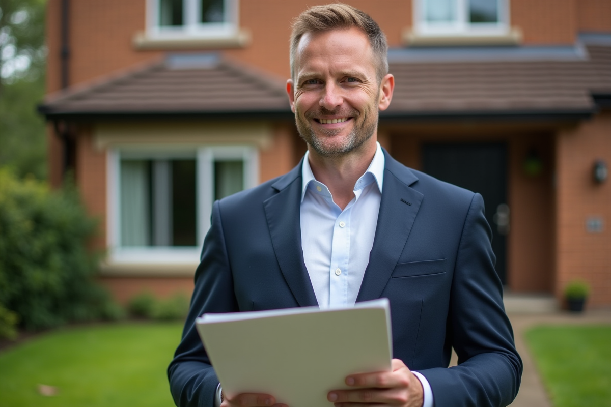 Homme confiant devant une maison de banlieue avec jardin