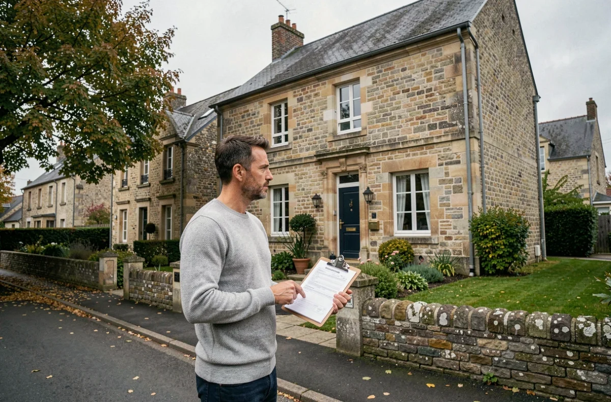 Homme évaluant une maison normande en pierre à Caen avec des documents d'assurance