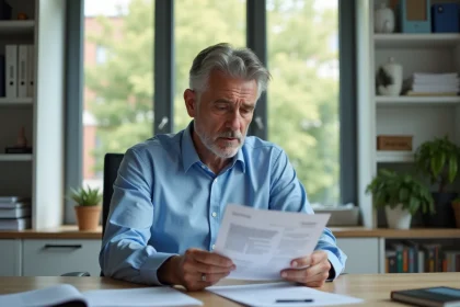 Homme d'âge moyen examinant des papiers RCS et LMNP