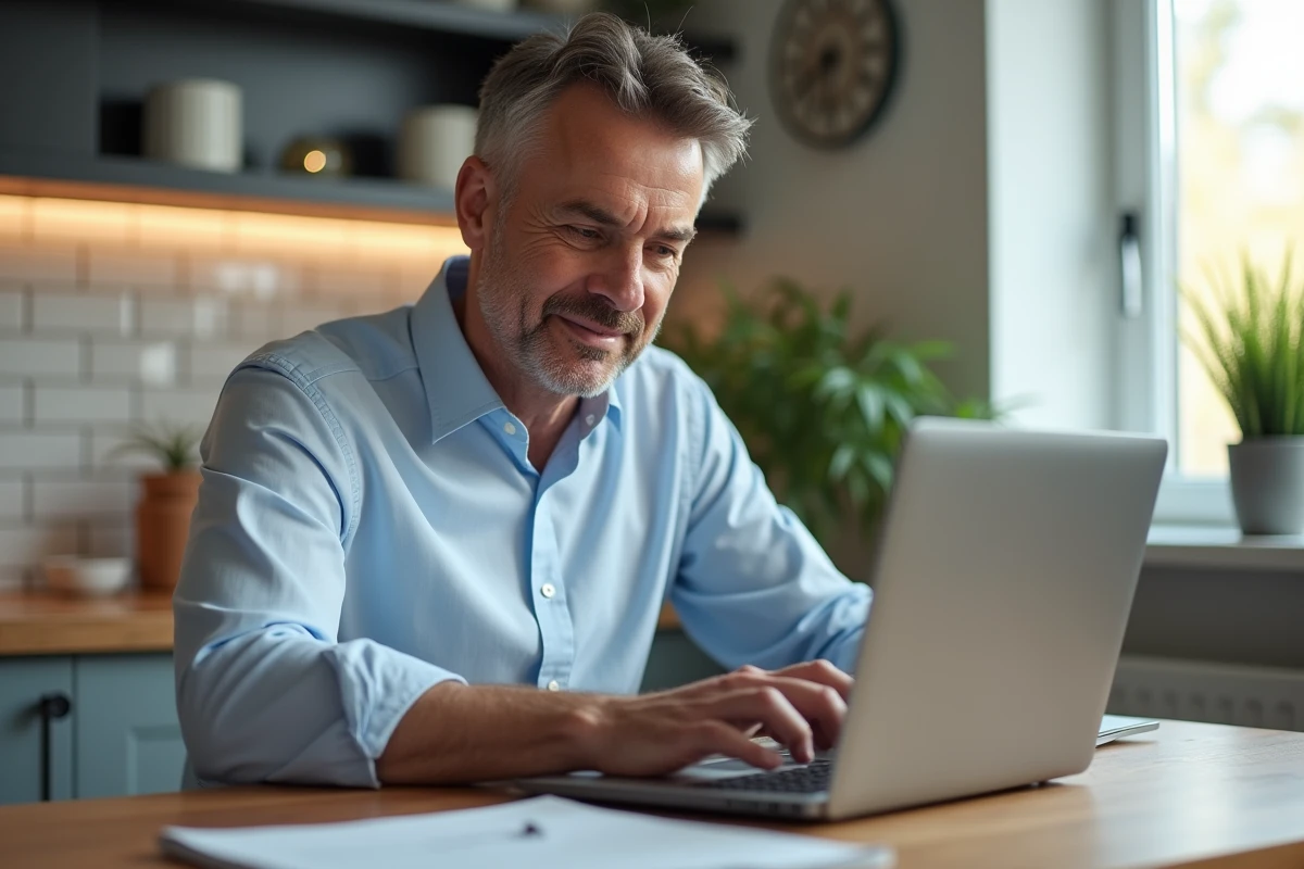 Homme d'âge moyen travaillant sur un ordinateur pour une estimation immobilière