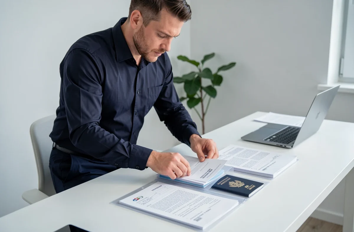 Homme organisant ses documents administratifs et son passeport pour une demande en ligne Alin