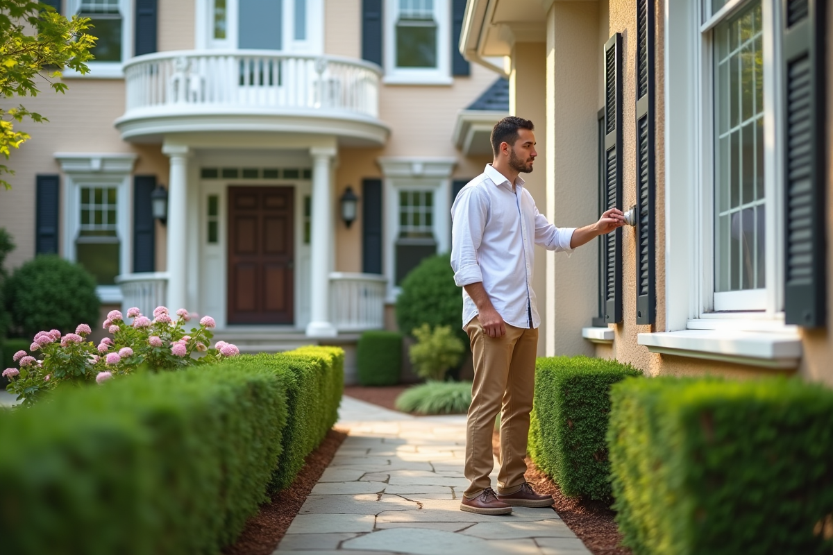 Jeune homme inspectant la façade d