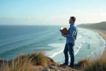 Homme d'âge moyen face à la mer avec documents légaux