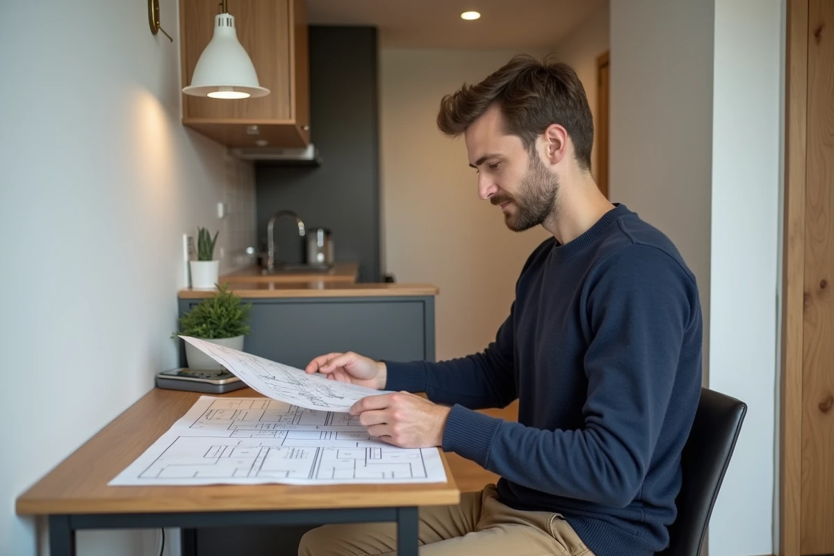Homme étudiant les plans d'un T1 avec alcôve de nuit et parquet en chêne lors d'une visite immobilière