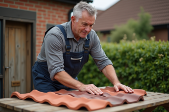 Homme en salopette examine des tuiles de toit en extérieur