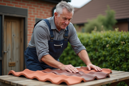 Homme en salopette examine des tuiles de toit en extérieur