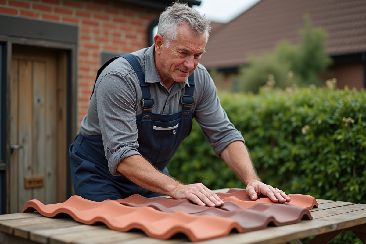 Homme en salopette examine des tuiles de toit en extérieur