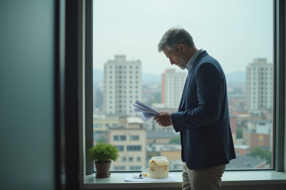 Homme d'âge moyen regardant des documents immobiliers