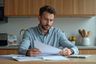 Homme en business casual examine des documents immobiliers