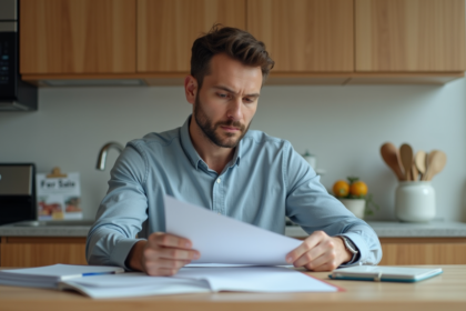 Homme en business casual examine des documents immobiliers