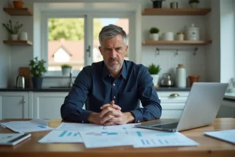 Homme seul face à des documents de crédit immobilier en indivision à la table de sa cuisine