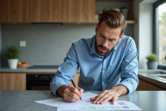 Homme signant des documents de prêt immobilier dans une cuisine moderne