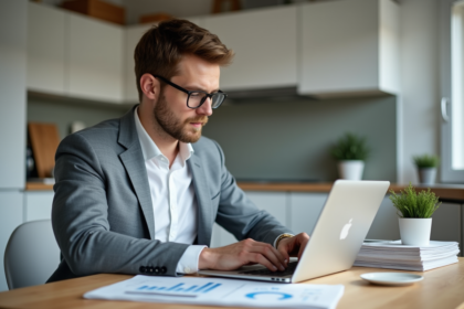 Homme concentré sur ses revenus locatifs dans une cuisine moderne