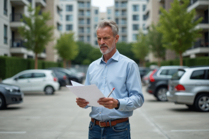 Homme d'âge moyen dans un quartier résidentiel avec documents