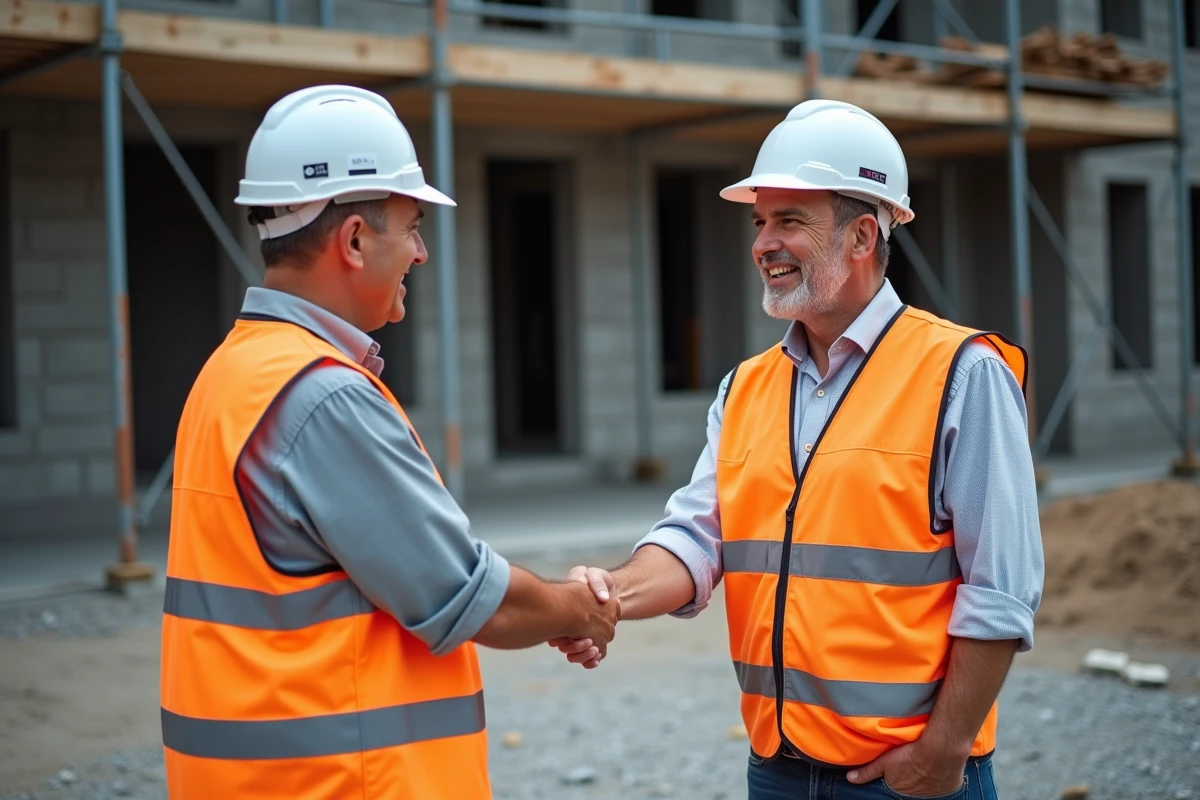 Deux hommes se serrent la main sur un site de construction