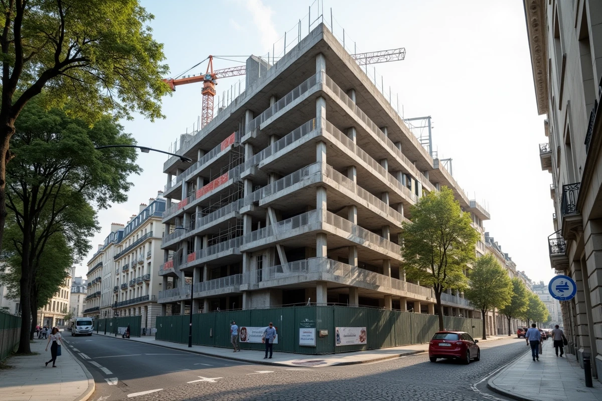 Immeuble de rapport en construction dans un quartier urbain français, avec grues et façades haussmanniennes environnantes illustrant un projet d'investissement immobilier