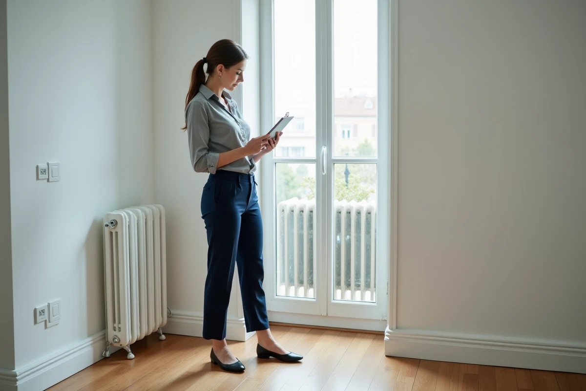 Jeune femme inspectant un appartement avec un clipboard