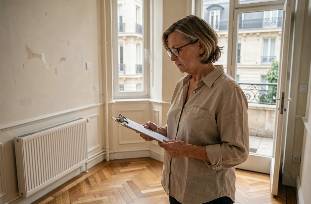 Propriétaire bailleuse inspectant un appartement locatif pour évaluer les dommages couverts par son assurance