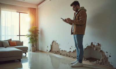 Personne inspectant des dégâts d'eau dans un appartement lumineux