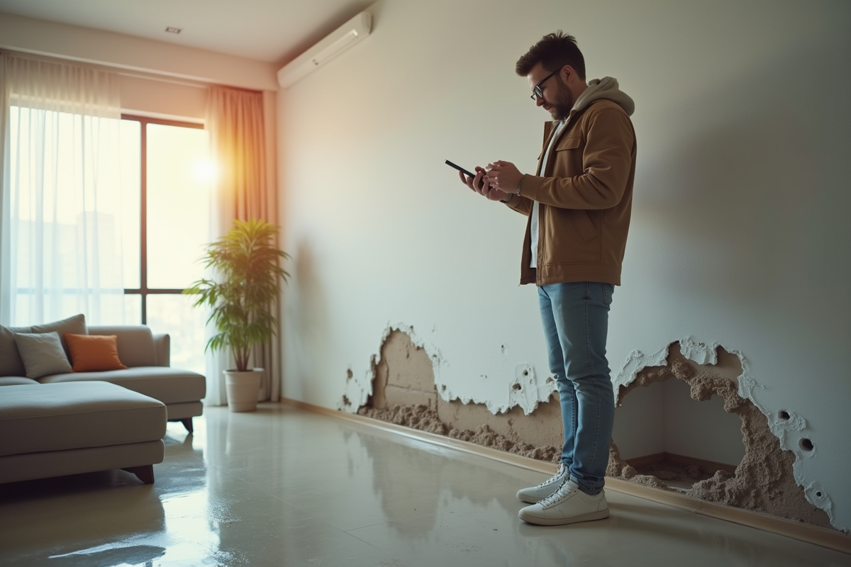 Personne inspectant des dégâts d'eau dans un appartement lumineux