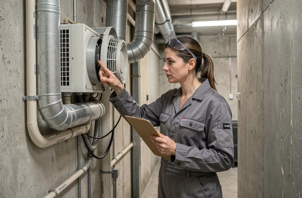 Technicienne inspectant une unité VMC dans le couloir technique d'un immeuble en copropriété