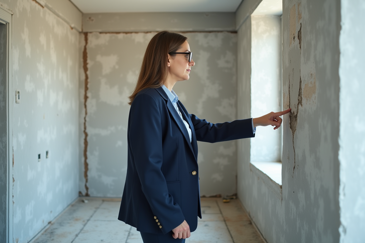Inspectrice immobilière pointant des taches d