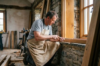 Menuisier installant une fenêtre en bois lors d'une rénovation intérieure en pierre