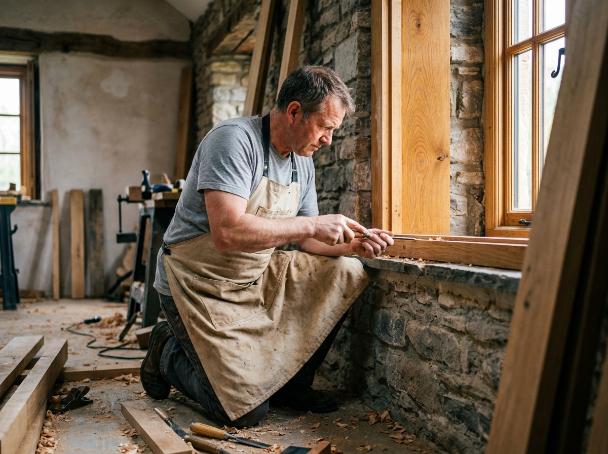 Menuisier installant une fenêtre en bois lors d'une rénovation intérieure en pierre