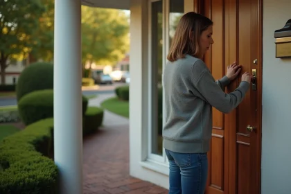 Femme installant une serrure intelligente sur une porte d'entrée