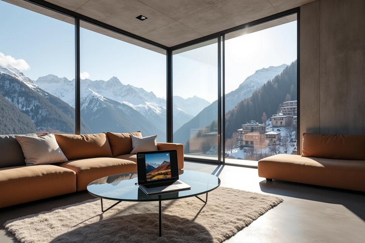 Appartement moderne en Andorre avec vue panoramique sur les Pyrénées et documentation immobilière sur une table