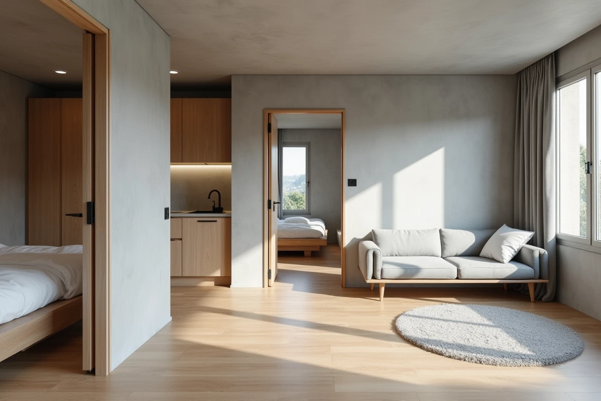 Vue grand angle de l'intérieur d'un appartement T2 avec salon, chambre séparée et coin cuisine visibles