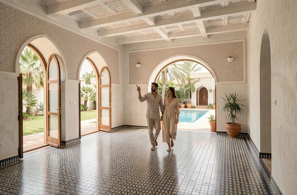Intérieur spacieux d'une villa moderne à vendre à Targa Marrakech avec piscine et décoration marocaine
