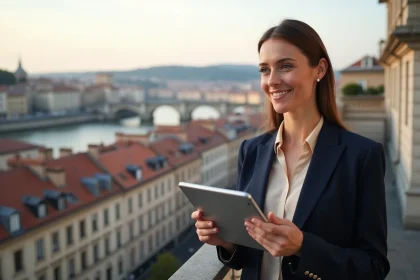 Femme professionnelle consultant des annonces immobilières sur tablette avec vue sur les toits de Lyon et le Rhône en arrière-plan