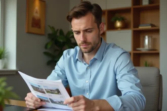 Jeune investisseur débutant analysant des documents immobiliers sur son bureau à domicile