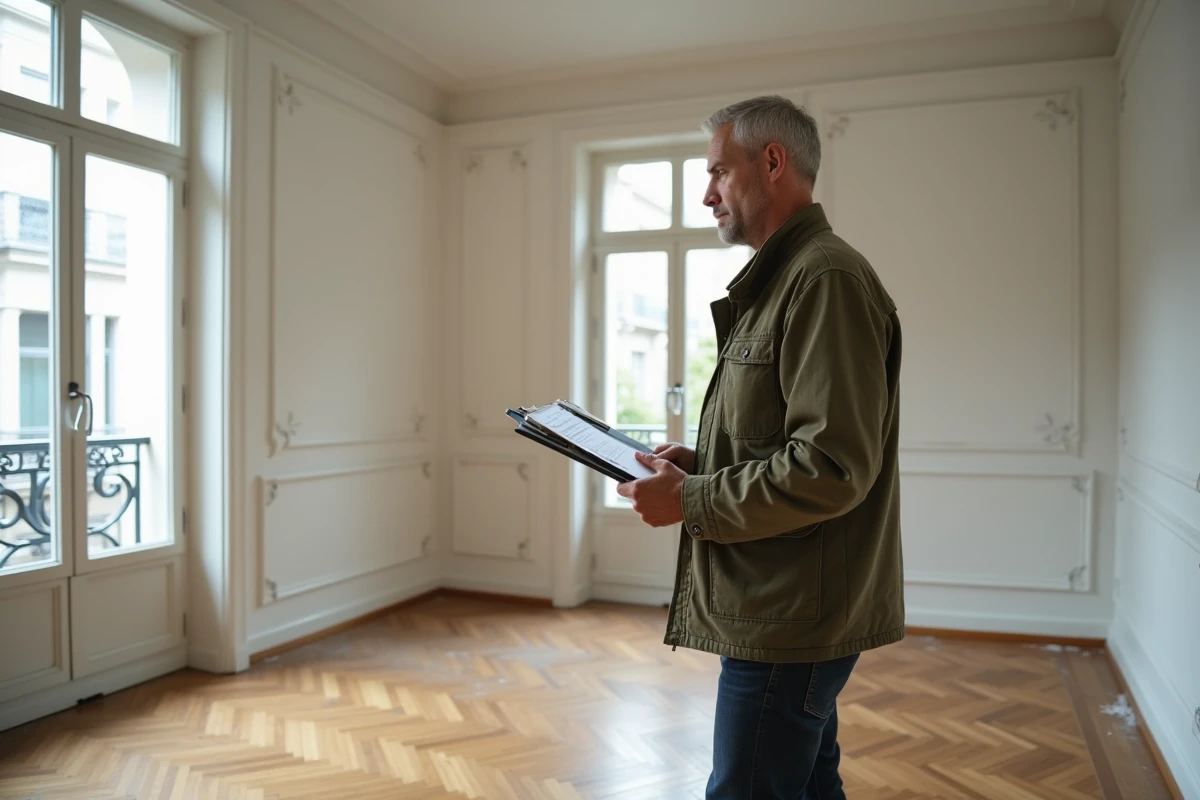 Investisseur marchand de biens évaluant un appartement rénové avec estimation des frais de notaire et coûts d'acquisition