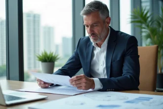 Investisseur immobilier analysant des plans architecturaux pour un projet d'immeuble de rapport dans un bureau moderne avec vue sur la ville