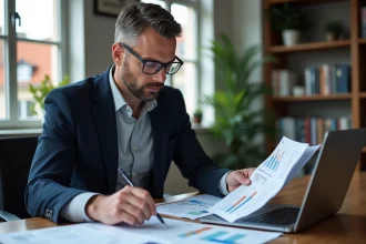 Investisseur immobilier masculin analysant les prix de loyers à Lyon sur ordinateur portable dans un bureau moderne avec vue sur la ville